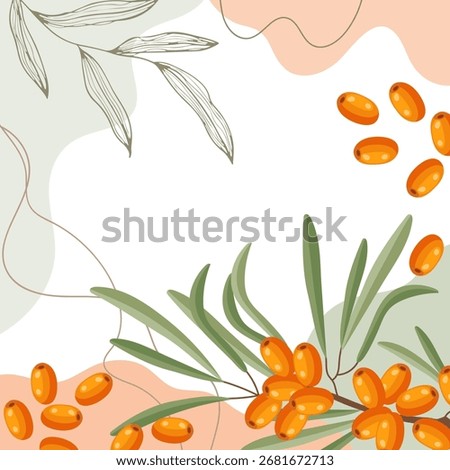 Sea buckthorn berries background. Composition of sea buckthorn berries with organic shapes and leaves on an abstract background.