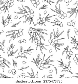 Sea buckthorn berries and leaves engraving seamless pattern. Repeated ornament of hand drawn vintage botanical sketch. Vector illustration design for textile, fabric, background, packaging, wrapper.