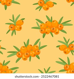 Sea buckthorn berries on yellow background. Vector seamless pattern with fresh berry. Cartoon illustration of healthy food.