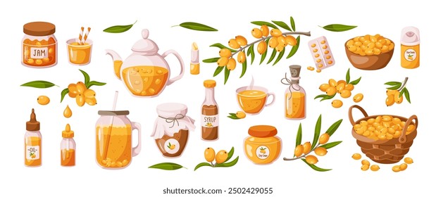 Sea buckthorn berries products 2D cartoon objects set. Healthy food and cosmetics ingredients flat line vector icons on white background