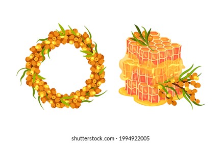 Sea Buckthorn Berry with Honeycomb and Wreath Vector Composition Set