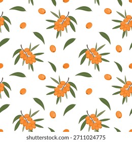 Sea buckthorn berry seamless pattern, botanical background. Buckthorn berries and leaves, seamless tile. Orange berry motif, nature pattern illustration
