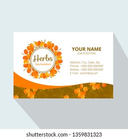 Sea buckthorn branch corporate Business card, vector illustration, line art decorative rosehip for design cosmetic, natural medicine, herbal tea, food menu.