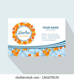 Sea buckthorn branch corporate Business card, vector illustration, line art decorative rosehip for design cosmetic, natural medicine, herbal tea, food menu.