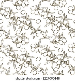 Sea buckthorn branch seamless pattern. Hand drawn berry illustration. Sketch style vector. Elements for menu, greeting cards, wrapping paper, cosmetics packaging, posters etc
