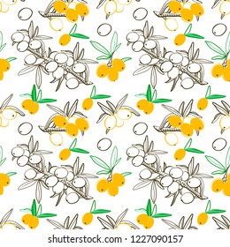 Sea buckthorn branch seamless pattern. Hand drawn berry illustration. Sketch style vector. Elements for menu, greeting cards, wrapping paper, cosmetics packaging, posters etc