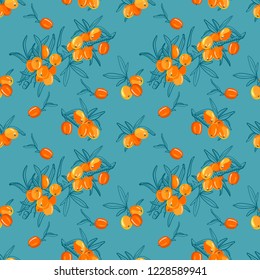 Sea buckthorn branch seamless pattern. Hand drawn berry illustration color and sketch. Sketch style. Elements for menu, greeting cards, wrapping paper, cosmetics packaging, posters etc
