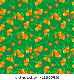 Sea buckthorn branch seamless pattern. Hand drawn berry illustration color and sketch. Sketch style. Elements for menu, greeting cards, wrapping paper, cosmetics packaging, posters etc