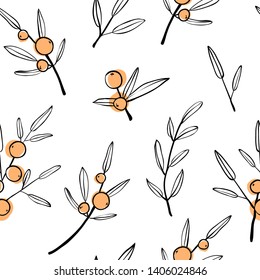 Sea buckthorn branch seamless pattern. Texture with sketch hand drawn berries. Modern and original textile, wrapping paper, wall art design. Floral simple minimalistic graphic design. Outline vector