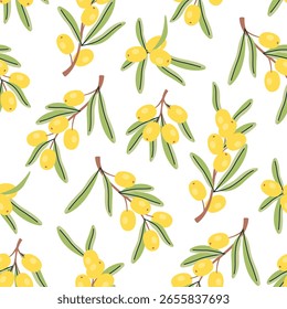Ramas de espino cerval de mar sin patrón. Fondo floral con bayas y hojas. Colores amarillo, verde y marrón sobre blanco. Vector impreso en tela y papel. Ilustración estacional de verano u otoño.