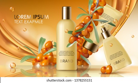 Sea buckthorn cosmetics vector realistic ads poster. Elegant packaging with cosmetic cream or lotion, branch with juicy orange seaberry, olive green leaves and flowing golden oil, magazine mockup