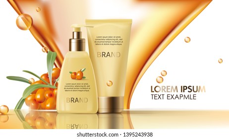 Sea buckthorn cosmetics vector realistic ads poster. Elegant packaging with cosmetic cream or lotion, branch with juicy orange seaberry, olive green leaves and flowing golden oil, magazine mockup