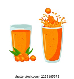 Sea buckthorn drink. Tea, tincture in a glass. Vector in the flat style. Set