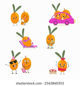 Sea buckthorn, funny berry, fruit cute cheerful characters. Vector hand drawn illistration.