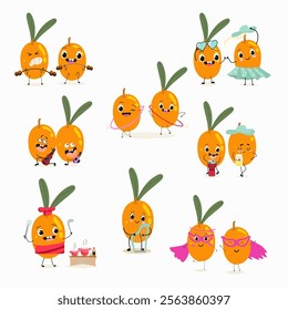 Sea buckthorn, funny berry, fruit cute cheerful characters. Vector hand drawn illistration.