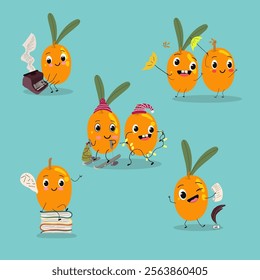 Sea buckthorn, funny berry, fruit cute cheerful characters. Vector hand drawn illistration.