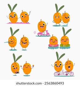 Sea buckthorn, funny berry, fruit cute cheerful characters. Vector hand drawn illistration.