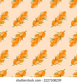 Sea buckthorn grapes simple seamless pattern. Bright berry background. Buckthorn berries with small sharp leaves. Eco friendly packaging for juice, fruit puree, textile, covers. Vector illustration.