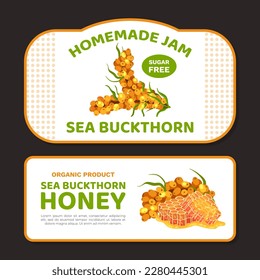 Sea Buckthorn Honey and Homemade Jam Label Design with Berry and Sweet Honeycomb Vector Template