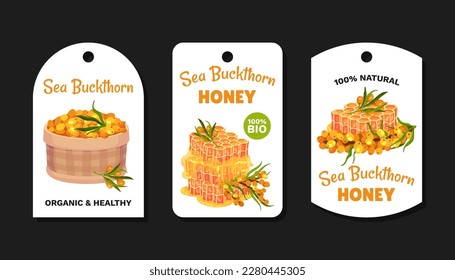 Sea Buckthorn Honey Label Design with Berry and Sweet Honeycomb Vector Template
