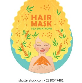 Sea buckthorn ingredient for hair mask packaging design. Vector illustration of cute blonde young woman enjoying sweet berries and taking care about her long healthy hair.