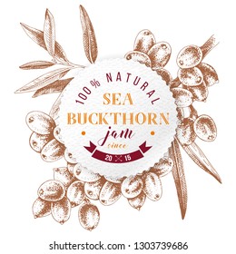 Sea buckthorn jam paper emblem over hand drawn sea buckthorn branch. Vector illustration