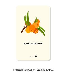 Sea buckthorn with leaves vector icon. Ripe berries for cooking from garden vector illustration. Fresh organic food, healthy nutrition, nature concept for web design and apps