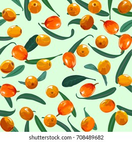 Sea buckthorn on background seamless. leaves texture. Sea-buckthorn berries. 