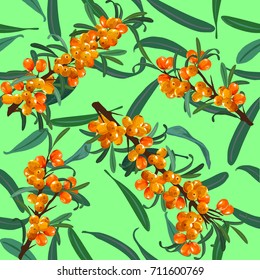 Sea buckthorn on background seamless. leaves texture. Sea-buckthorn berries. branches and bunches buckthorn