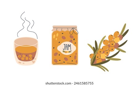 Sea Buckthorn Products In Three Forms, As A Steaming Cup Of Tea, A Jar Of Homemade Jam, And Fresh Berries On A Branch