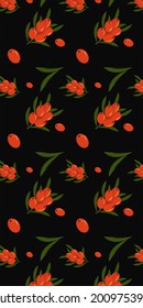 Sea buckthorn seamless pattern. Beautiful vector seamless pattern with sea buckthorn on a black background. Suitable for wallpapers, web page backgrounds, surface textures, textiles.