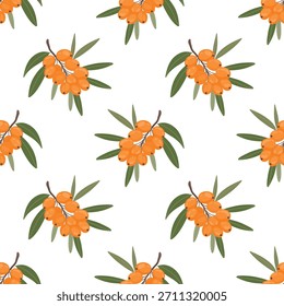 Sea buckthorn seamless pattern, berry branch print. Buckthorn berry botanical pattern, orange berry motif. Botanical sea buckthorn repeat, natural ingredient texture