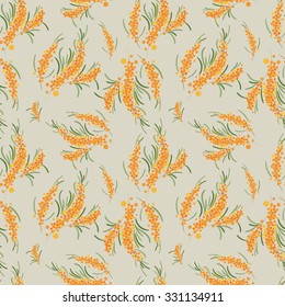Sea buckthorn seamless pattern. Branch with berries vintage vector illustration.