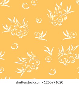 Sea buckthorn seamless pattern on yellow background. Vector simple illustration with berries and leaves.