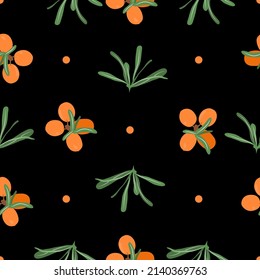 Sea buckthorn seamless pattern on black background. Twigs with berries and leaves, orange dots. Template with orange fresh berries for wallpaper, fabric, packaging