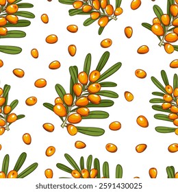 Sea buckthorn seamless pattern. Organic background. Organic food concept. Sea buckthorn pattern for fabric, packaging, organic shops. Hand Drawn vector illustration