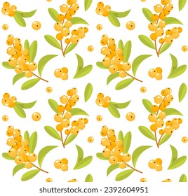 Sea buckthorn seamless pattern. Repeating design element for printing on fabric. Natural and organic berry at branch. Juicy fruit with vitamins. Poster or banner. Cartoon flat vector illustration