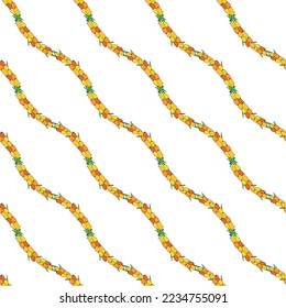 Sea buckthorn seamless pattern. Twigs with berries and leaves. Template with orange fresh berries for wallpaper, fabric, packaging.