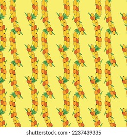 Sea buckthorn seamless pattern. Twigs with berries and leaves. Template with orange fresh berries for wallpaper, fabric, packaging.