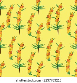 Espalda marina sin costuras. Twigs con bayas y hojas. Plantilla con bayas frescas de color naranja para papel pintado, tela, embalaje.