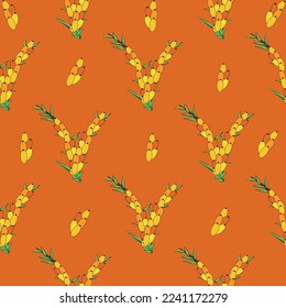 Sea buckthorn seamless pattern. Twigs with berries and leaves. Template with orange fresh berries for wallpaper, fabric, packaging.