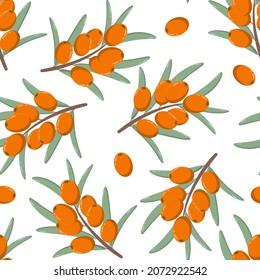 Sea buckthorn seamless pattern, vector illustration. Twigs with berries and leaves, background. Template with orange fresh berries for wallpaper, fabric, packaging.