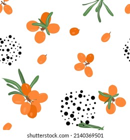 Sea buckthorn seamless pattern, vector illustration. Twigs with berries and leaves, black dots. Template with orange fresh berries for wallpaper, fabric, packaging