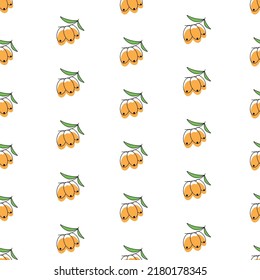 Sea buckthorn seamless pattern, vector illustration. Twigs with berries and leaves, background. Template with orange fresh berries for wallpaper, fabric, packaging.
