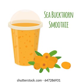 Sea buckthorn smoothie, vegetarian nutrition drink, detox with berries. Cartoon flat style.