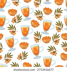 Patrón transparente de té de espino cerval de mar. Clipart de Vector plano, ilustración con fondo aislado.