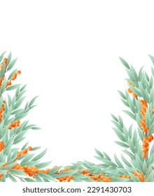 Sea buckthorn tree with ripe fruits. Branches in the form of a frame. Garden plant with edible crop. Branch with foliage and leaves. Isolated on white background. Vector.