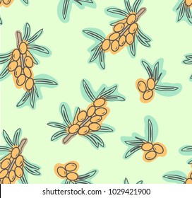 Sea buckthorn twig vector seamless pattern. Beautiful food design elements, ink drawing