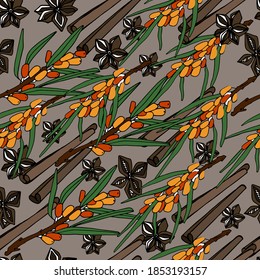 Sea buckthorn twigs pattern. Botanical medicinal plant. Sea buckthorn for tea, small yellow berries. For wallpaper, banners, coloring, design paper, packaging. Isolate, stock art