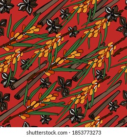 Patrón de ramitas de espino de mar. Planta medicinal botánica. Tuerca para el té, bayas amarillas pequeñas. Para papel pintado, banners, coloreado, papel de diseño, embalaje. Aislado, arte bursátil